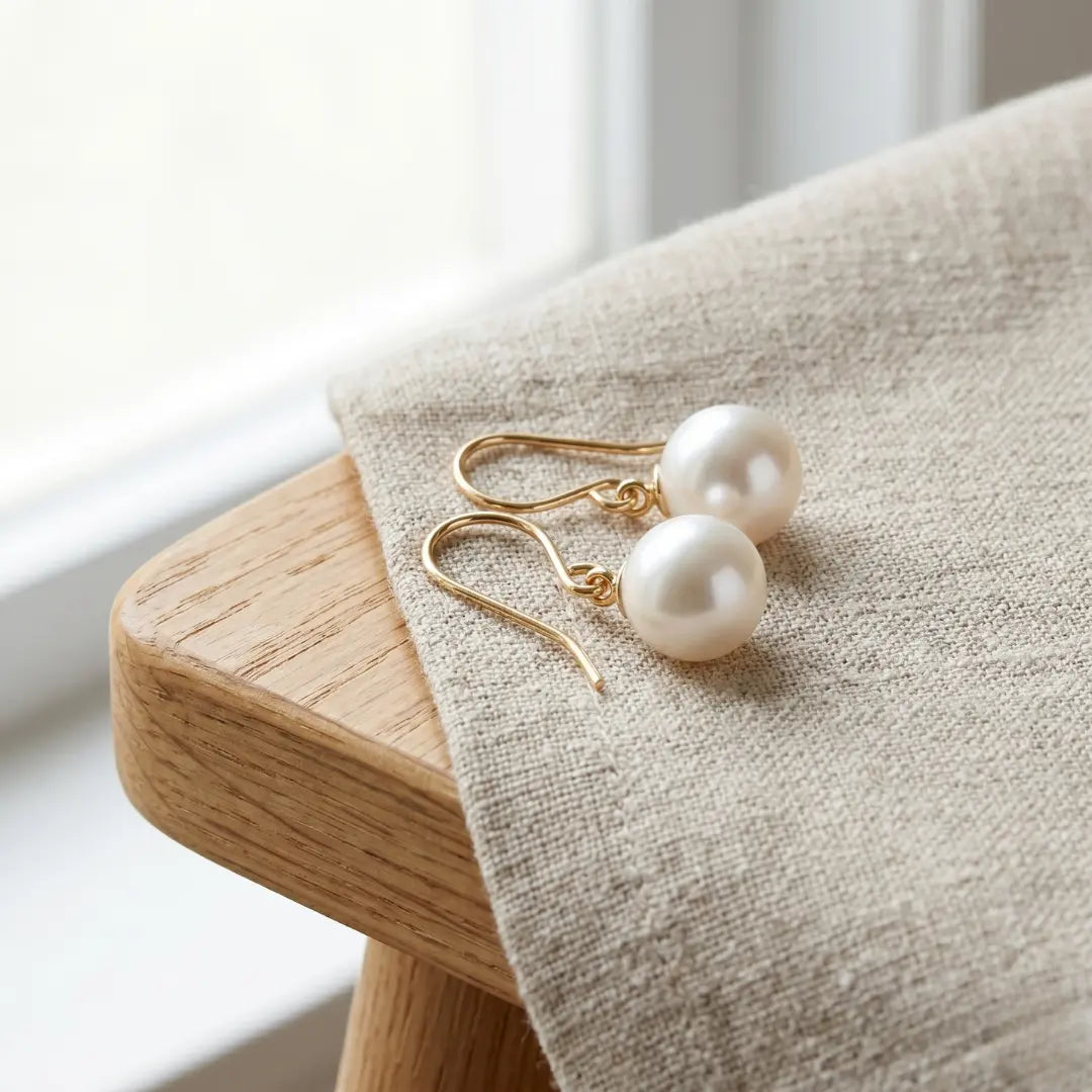 18K Solid Yellow Gold Akoya Natural Pearl Drop Earrings
