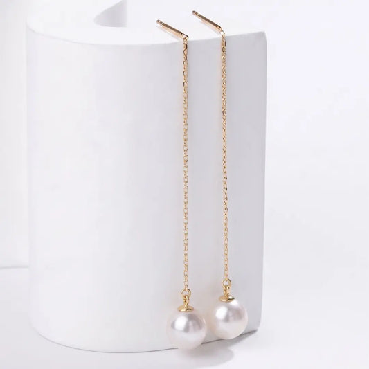 18K Solid Gold Japanese Akoya Pearl Threader Earrings