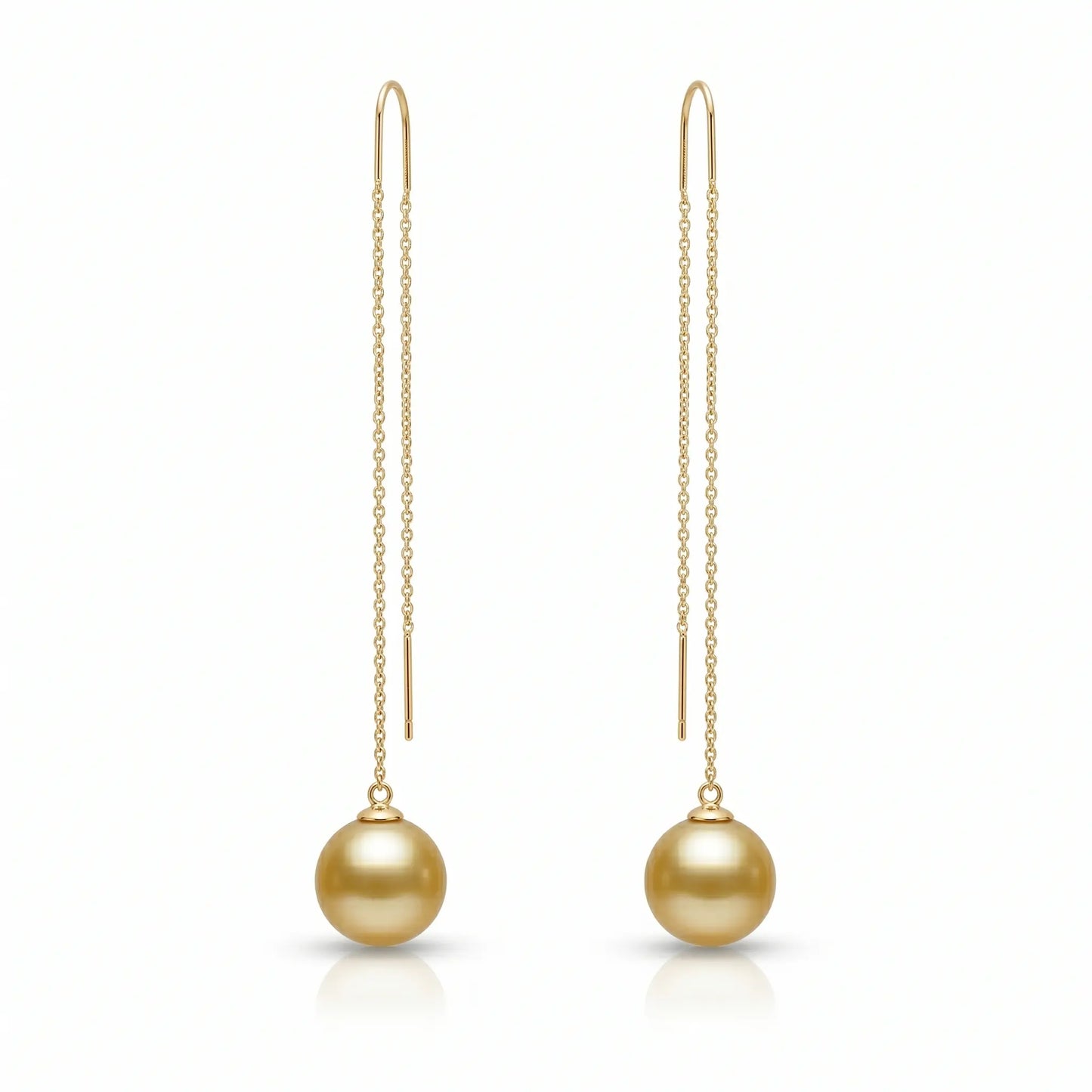 18K Solid Gold South Sea Golden Pearl Threader Earrings, 9-9.5mm Rare Deep Gold Earrings
