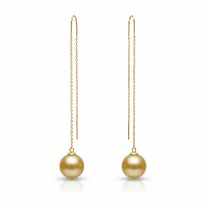 18K Solid Gold South Sea Golden Pearl Threader Earrings, 9-9.5mm Rare Deep Gold Earrings