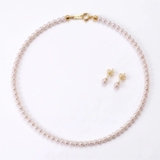 18K Solid Gold Dainty Pearl Jewelry Set | 2-2.5mm Skinny Choker Necklace & 3mm Freshwater Studs