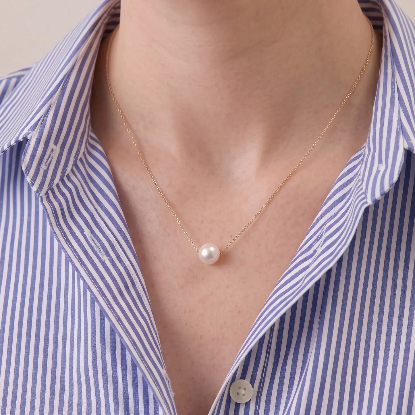 Everyday Solid 18K Gold Floating Akoya Pearl Necklace, 7-7.5mm Japanese Akoya Pearl Pendant for Daily Wear