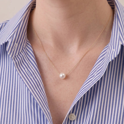 Everyday Solid 18K Gold Floating Akoya Pearl Necklace, 7-7.5mm Japanese Akoya Pearl Pendant for Daily Wear