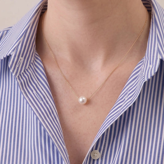 Everyday Solid 18K Gold Floating Akoya Pearl Necklace, 7-7.5mm Japanese Akoya Pearl Pendant for Daily Wear