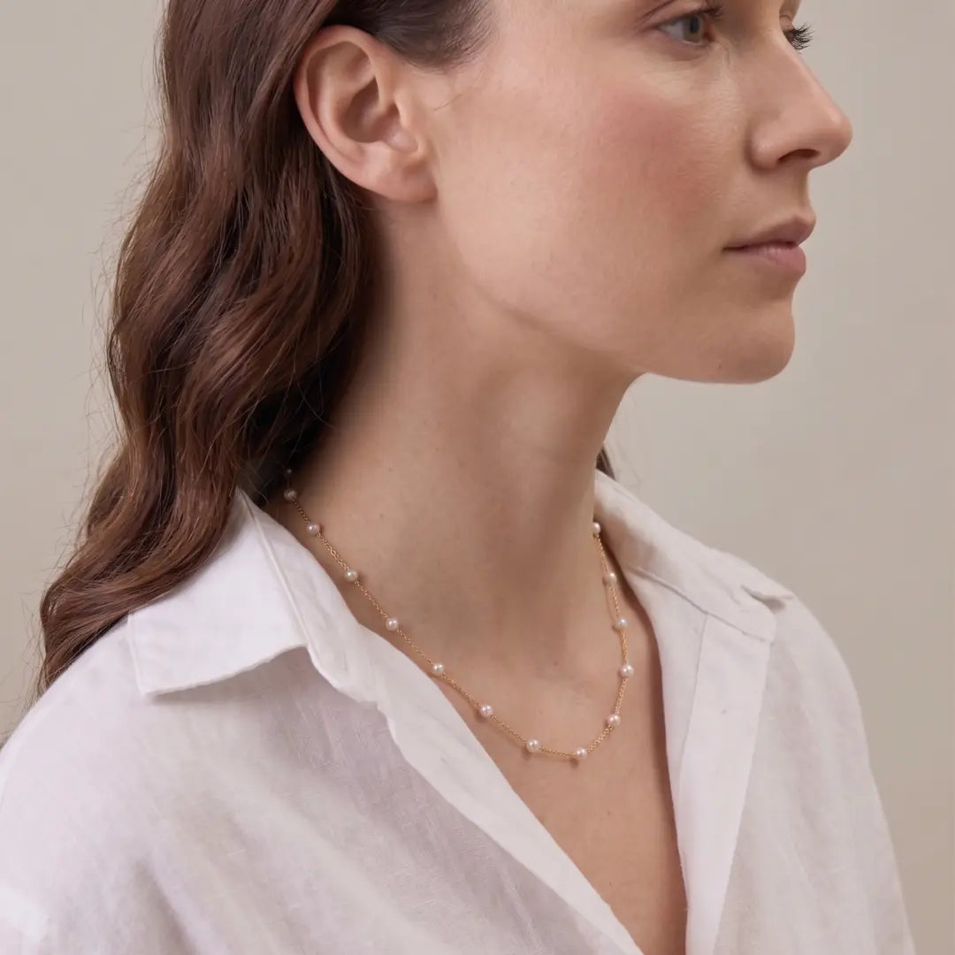 18K Solid Gold Japanese Akoya Pearl Station Necklace, 3-3.5mm Genuine Sea Pearl Choker for Women