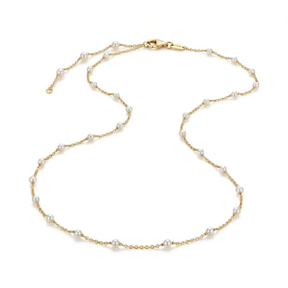 18K Solid Gold Japanese Akoya Pearl Station Necklace, 3-3.5mm Genuine Sea Pearl Choker for Women