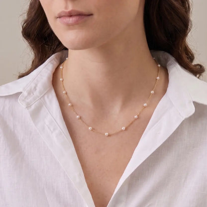 18K Solid Gold Japanese Akoya Pearl Station Necklace, 3-3.5mm Genuine Sea Pearl Choker for Women
