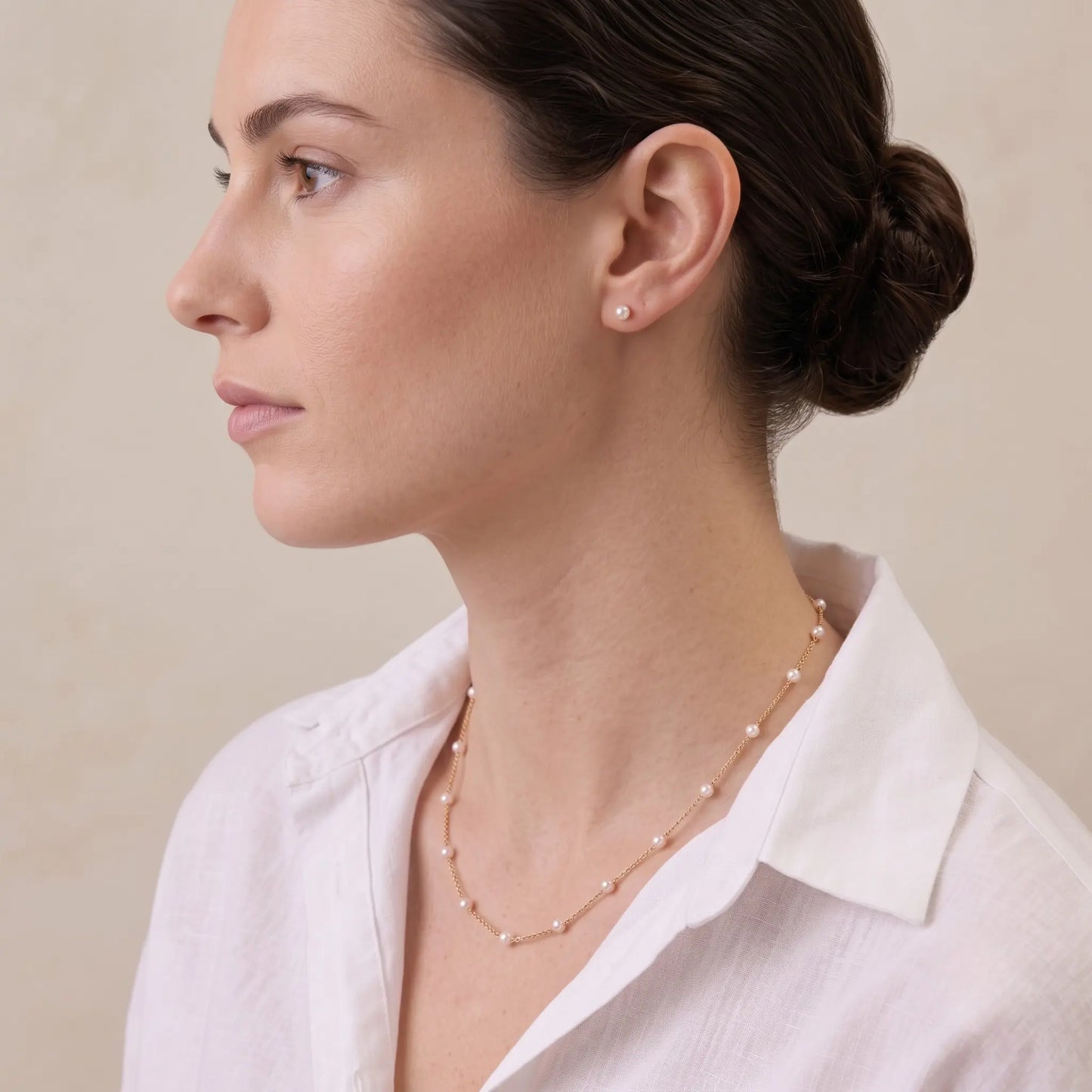 18K Solid Gold Japanese Akoya Pearl Station Necklace, 3-3.5mm Genuine Sea Pearl Choker for Women