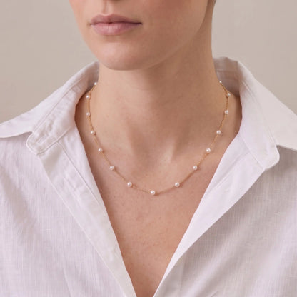18K Solid Gold Japanese Akoya Pearl Station Necklace, 3-3.5mm Genuine Sea Pearl Choker for Women