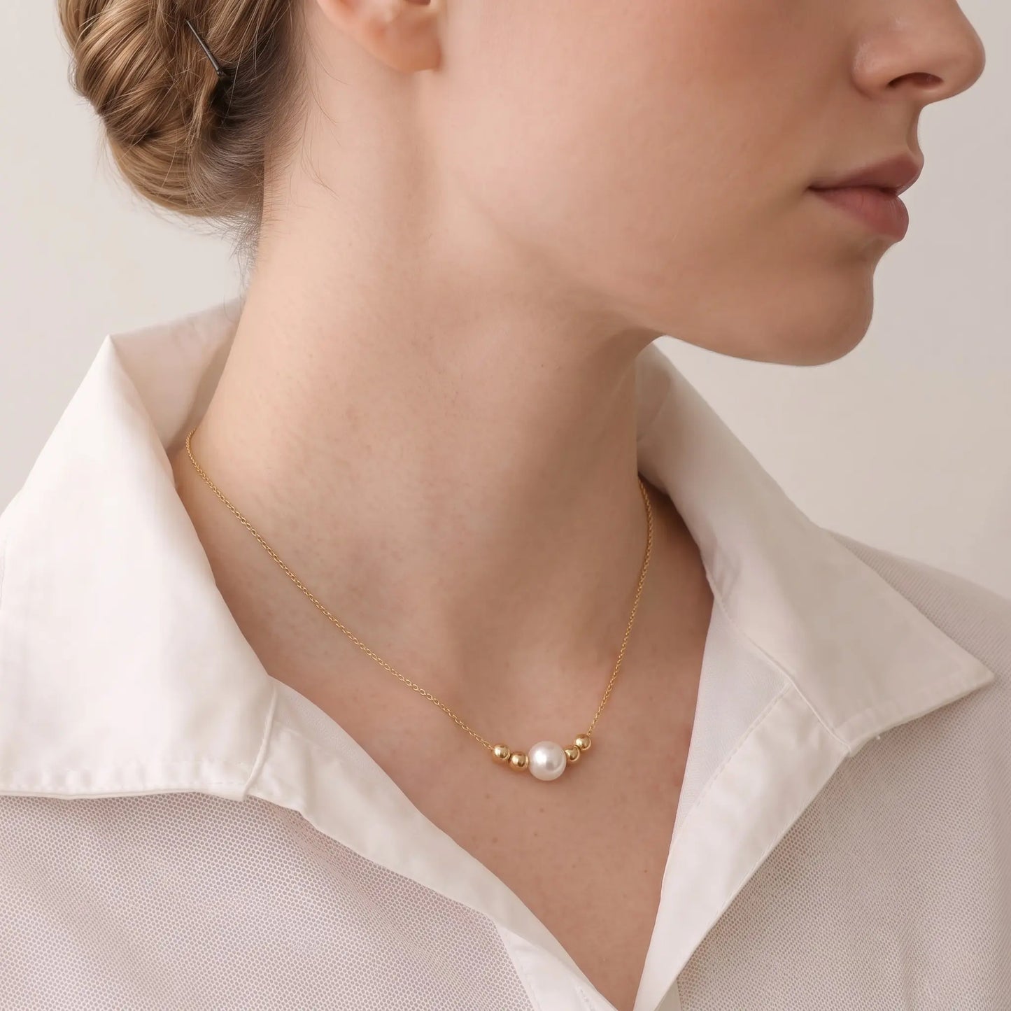18K Solid Gold Pearl Necklace 7-7.5mm, Real Gold Bead Minimalist Choker for Women
