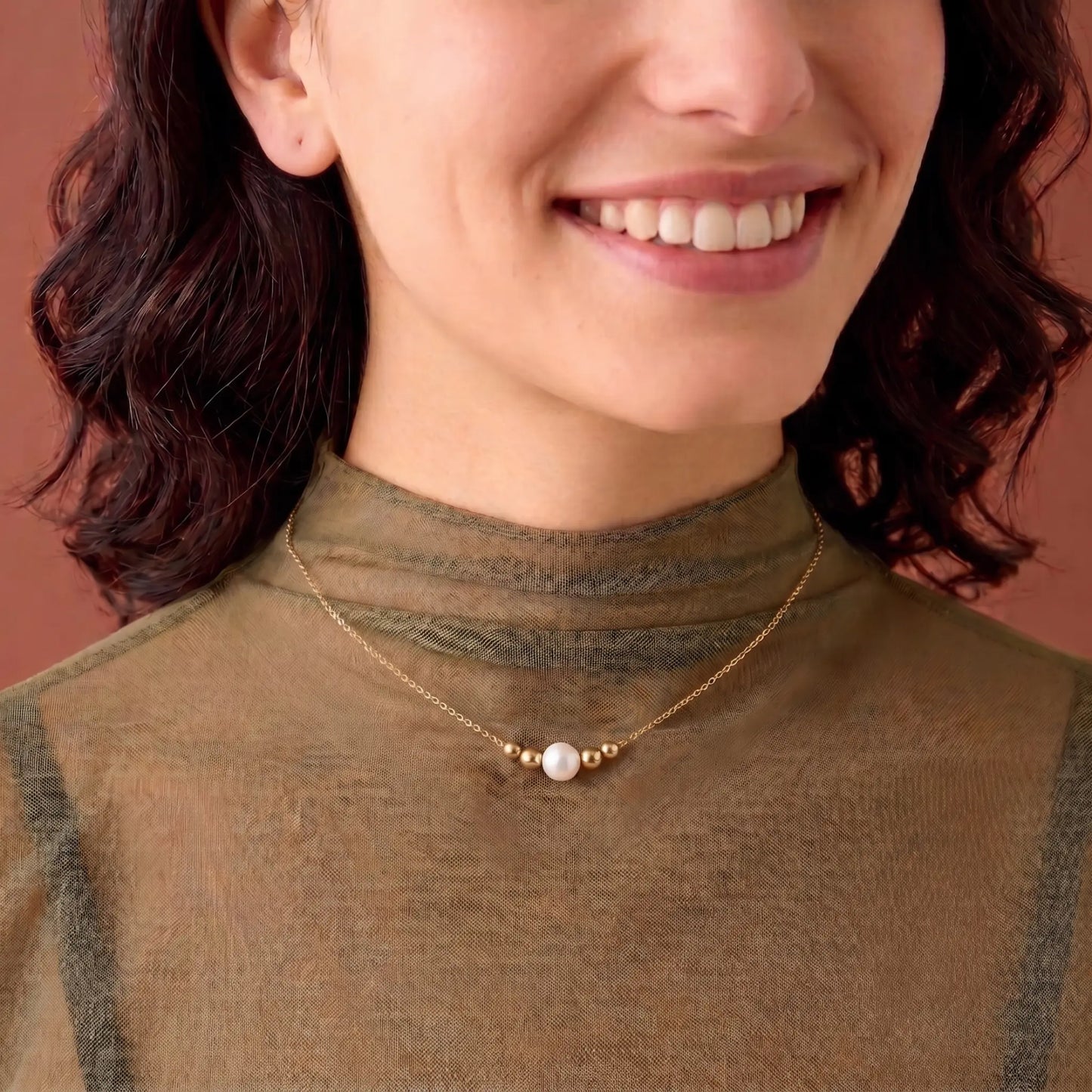 18K Solid Gold Pearl Necklace 7-7.5mm, Real Gold Bead Minimalist Choker for Women