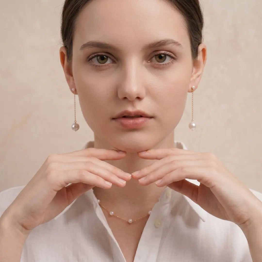 18K Solid Gold Double Akoya Pearl Drop Chain Earrings