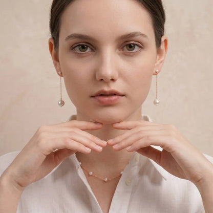 18K Solid Gold Double Akoya Pearl Drop Chain Earrings