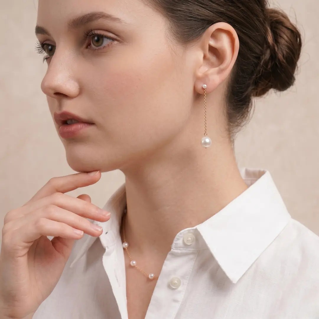 18K Solid Gold Double Akoya Pearl Drop Chain Earrings
