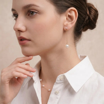 18K Solid Gold Double Akoya Pearl Drop Chain Earrings