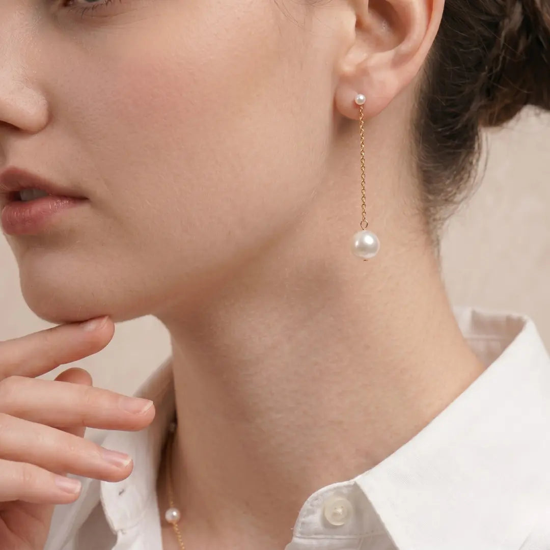18K Solid Gold Double Akoya Pearl Drop Chain Earrings