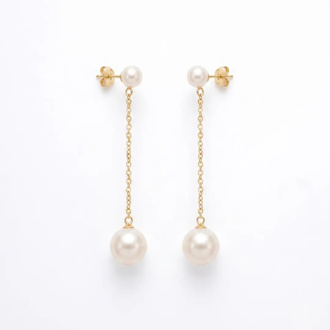 18K Solid Gold Double Akoya Pearl Drop Chain Earrings