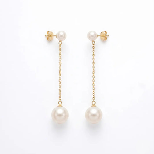 18K Solid Gold Double Akoya Pearl Drop Chain Earrings