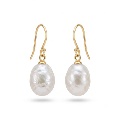 18K Solid Gold Baroque Pearl Drop Earrings for Women