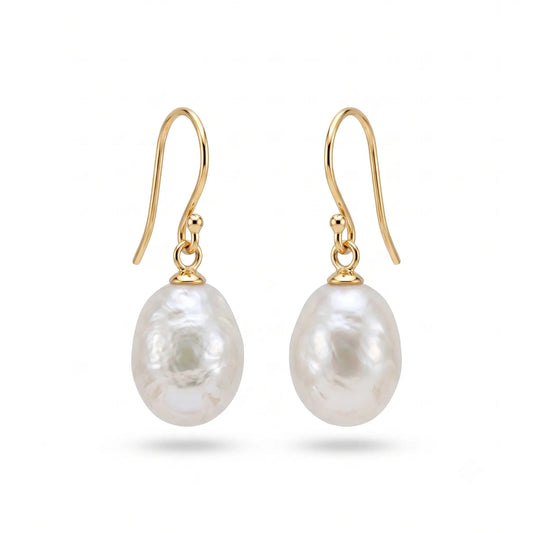 18K Solid Gold Baroque Pearl Drop Earrings for Women