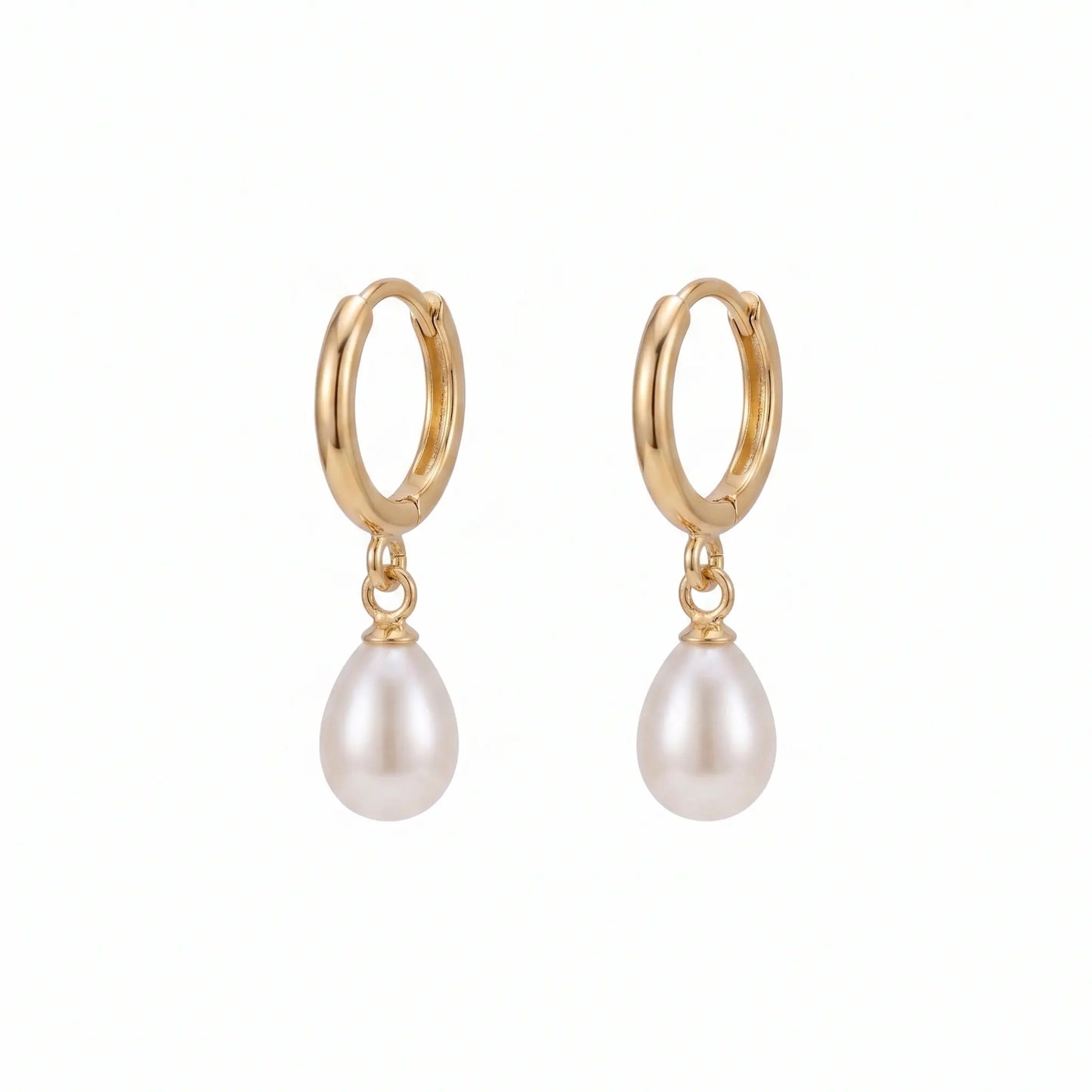 18K Solid Yellow Gold Dainty Rice Pearl Drop Hoop Earrings