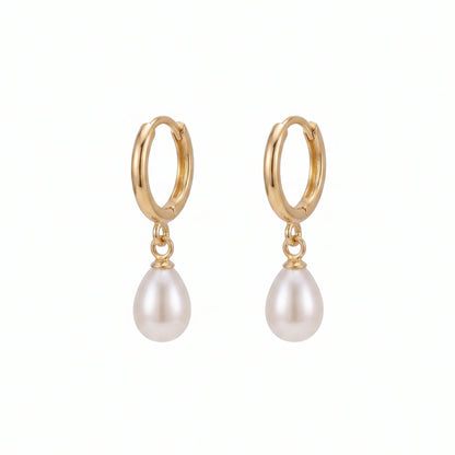 18K Solid Yellow Gold Dainty Rice Pearl Drop Hoop Earrings