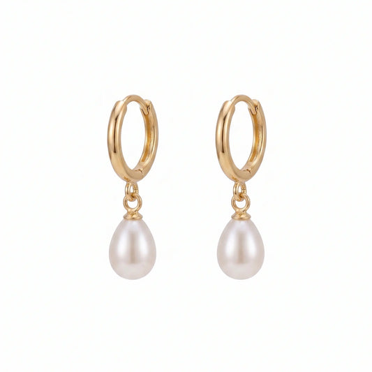 18K Solid Yellow Gold Dainty Rice Pearl Drop Hoop Earrings