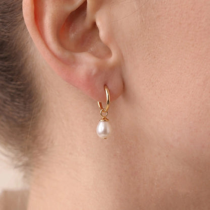 18K Solid Yellow Gold Dainty Rice Pearl Drop Hoop Earrings