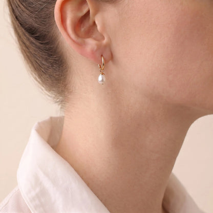 18K Solid Yellow Gold Dainty Rice Pearl Drop Hoop Earrings