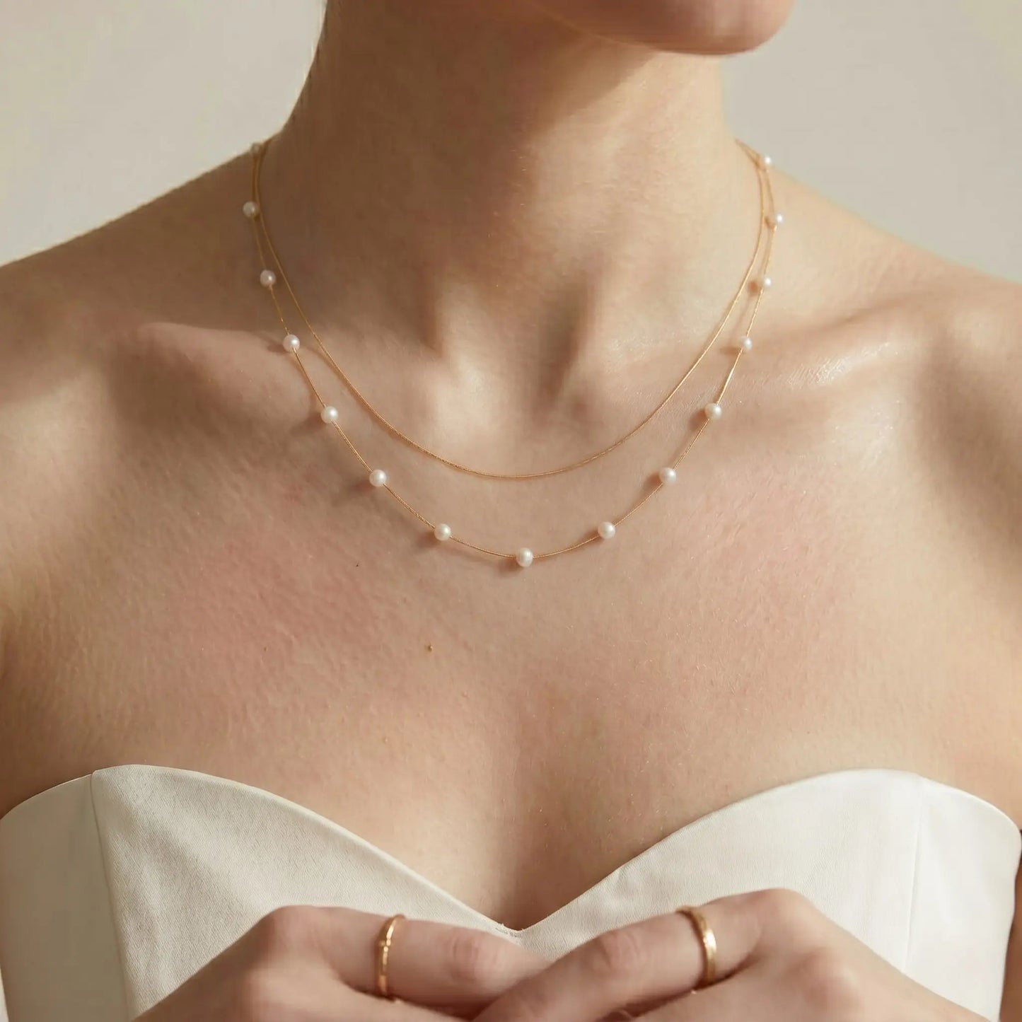 Bridal Wedding 18K Solid Gold Double Layer Pearl Necklace - Real Gold Delicate Layered Chain Choker with Genuine Cultured Pearls