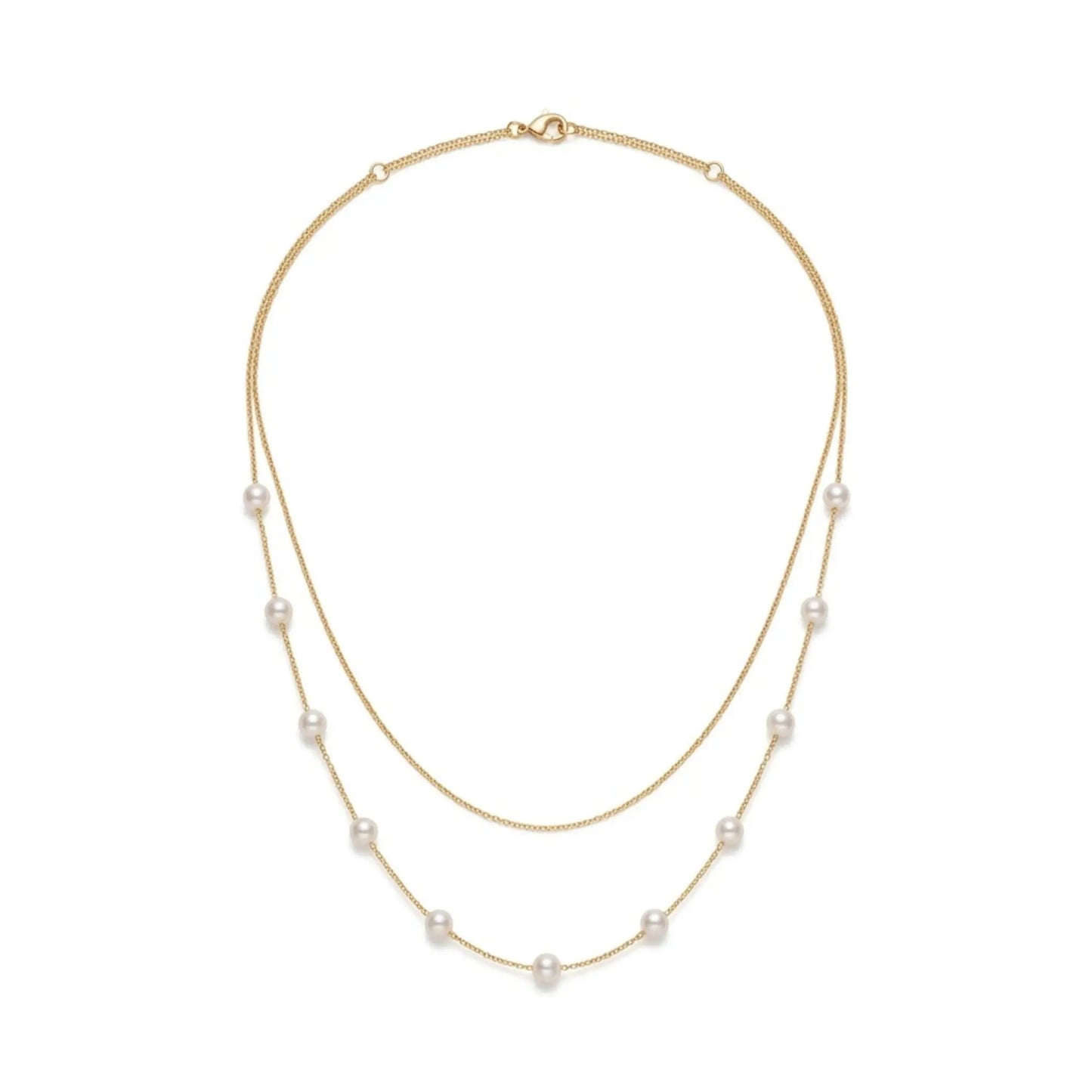 Bridal Wedding 18K Solid Gold Double Layer Pearl Necklace - Real Gold Delicate Layered Chain Choker with Genuine Cultured Pearls