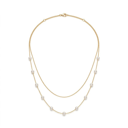 Bridal Wedding 18K Solid Gold Double Layer Pearl Necklace - Real Gold Delicate Layered Chain Choker with Genuine Cultured Pearls