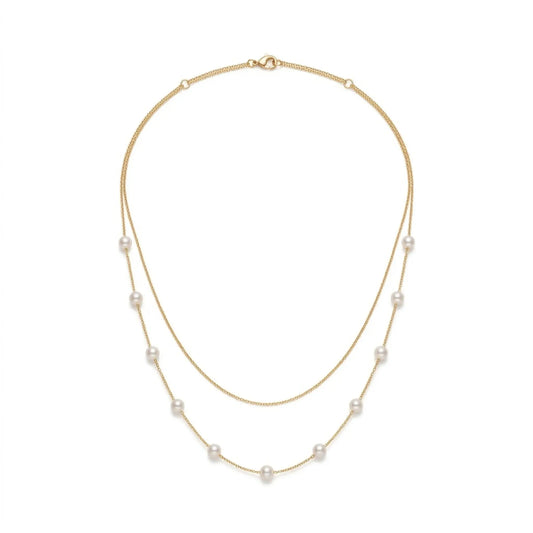 Bridal Wedding 18K Solid Gold Double Layer Pearl Necklace - Real Gold Delicate Layered Chain Choker with Genuine Cultured Pearls