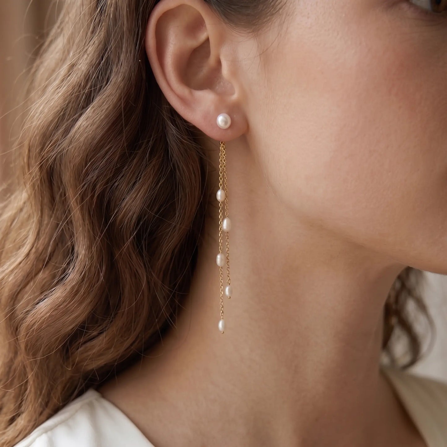 18K Solid Gold Tiny Rice Pearl Tassel Long Drop Earrings