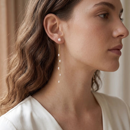 18K Solid Gold Tiny Rice Pearl Tassel Long Drop Earrings