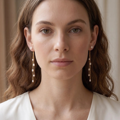 18K Solid Gold Tiny Rice Pearl Tassel Long Drop Earrings