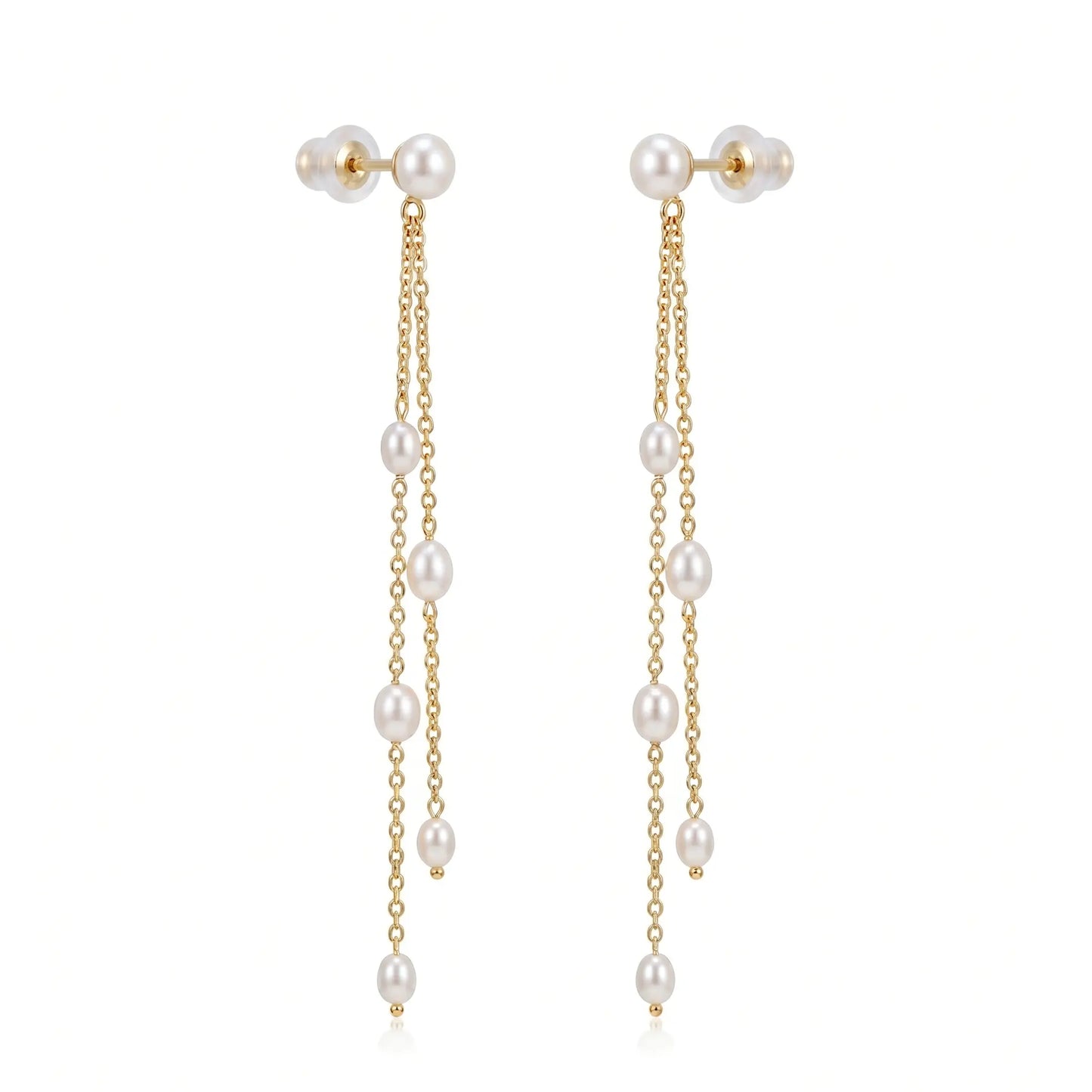 18K Solid Gold Tiny Rice Pearl Tassel Long Drop Earrings