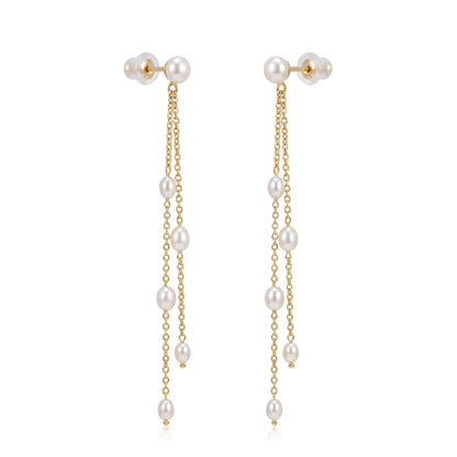 18K Solid Gold Tiny Rice Pearl Tassel Long Drop Earrings