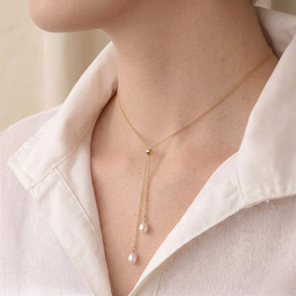 Fine Jewelry 18K Solid Gold Lariat Double Pearl Tassel Drop Pendant Choker Necklace for Women