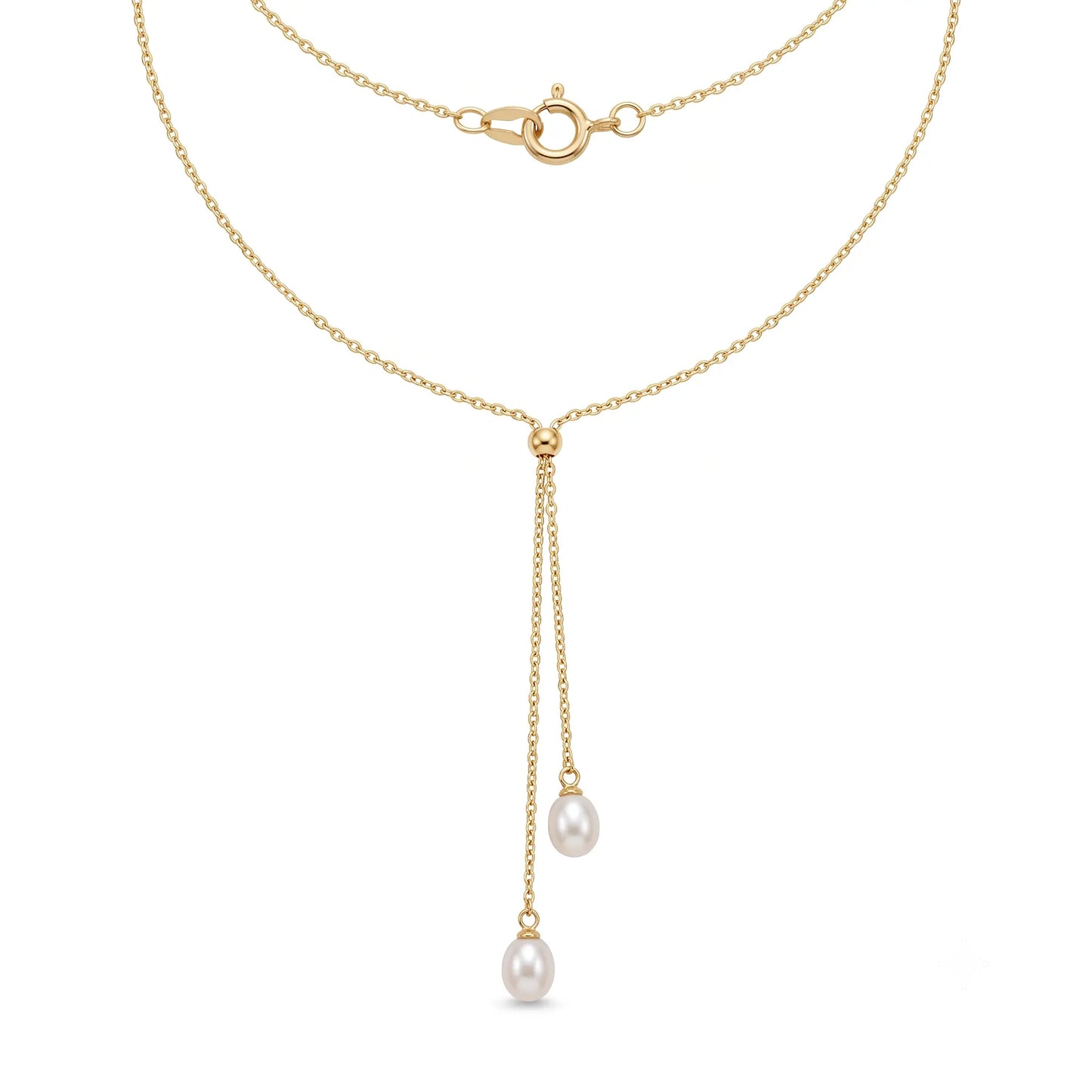 Fine Jewelry 18K Solid Gold Lariat Double Pearl Tassel Drop Pendant Choker Necklace for Women