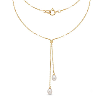 Fine Jewelry 18K Solid Gold Lariat Double Pearl Tassel Drop Pendant Choker Necklace for Women