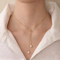 Fine Jewelry 18K Solid Gold Lariat Double Pearl Tassel Drop Pendant Choker Necklace for Women