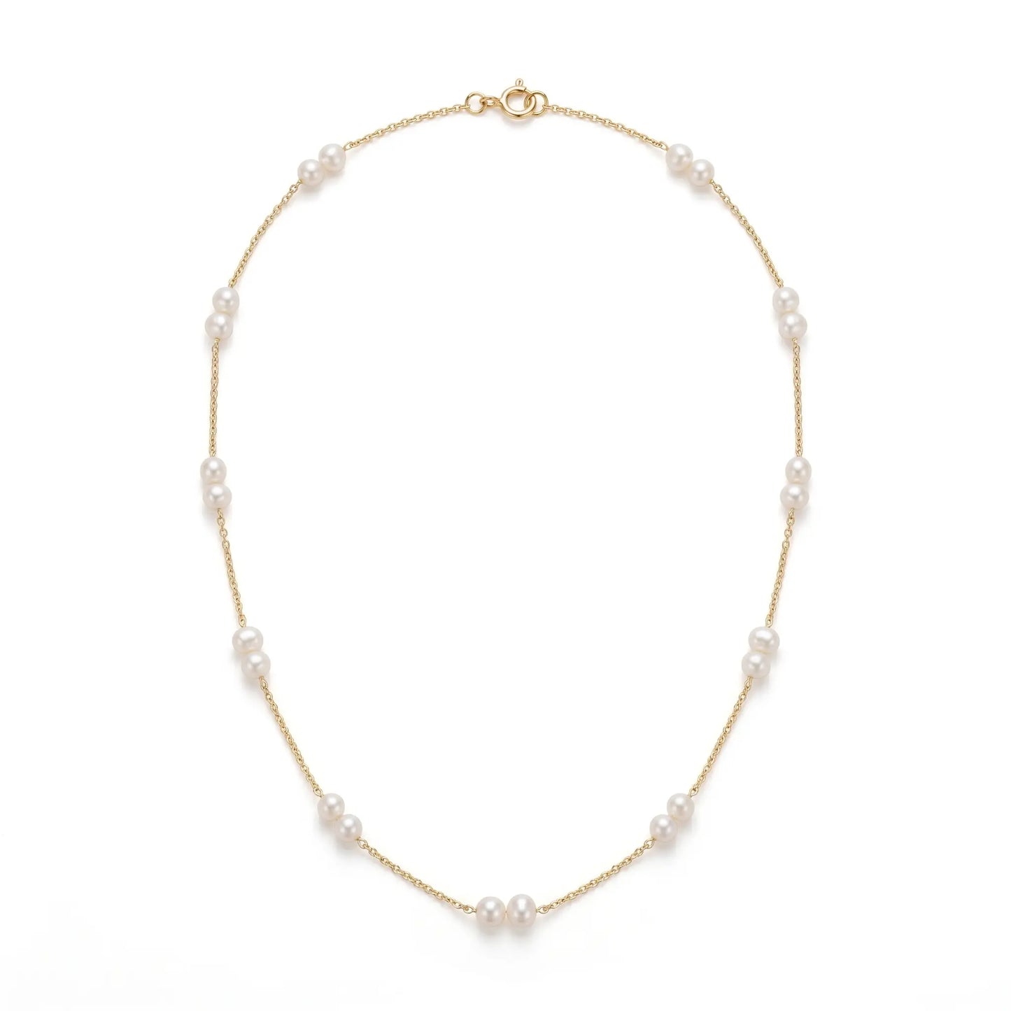18K Solid Gold Pearl Station Necklace - Dainty 4-4.5mm Round Freshwater Pearl Tin Cup Chain for Women