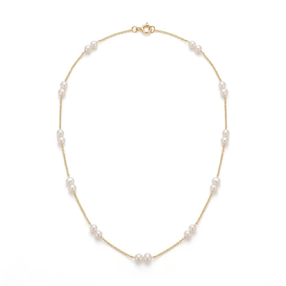 18K Solid Gold Pearl Station Necklace - Dainty 4-4.5mm Round Freshwater Pearl Tin Cup Chain for Women