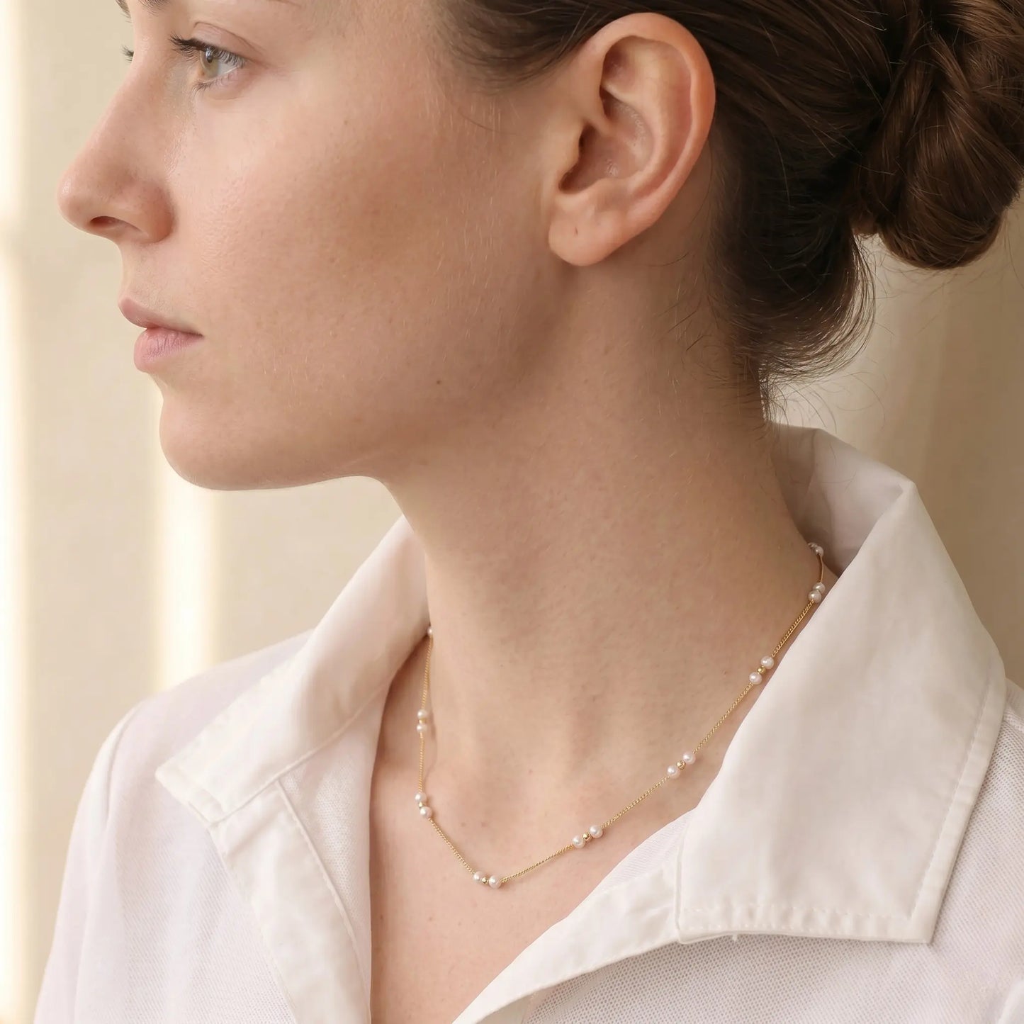18K Solid Gold Pearl Station Necklace with Gold Beads 3-3.5mm Real Freshwater Pearl Choker