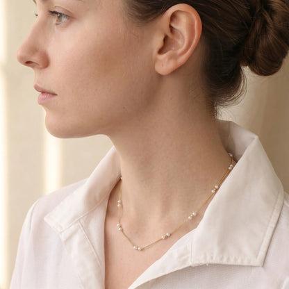 18K Solid Gold Pearl Station Necklace with Gold Beads 3-3.5mm Real Freshwater Pearl Choker
