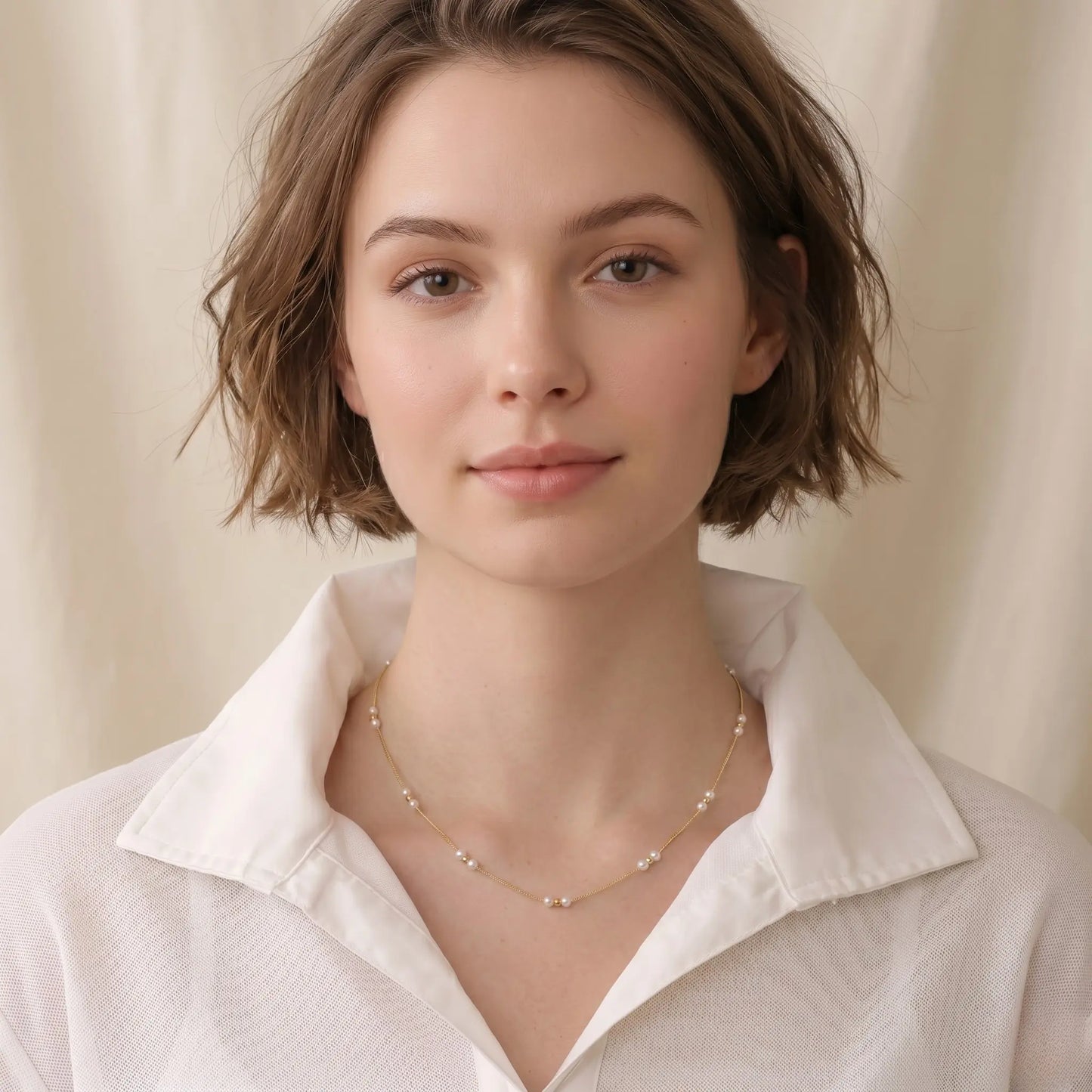 18K Solid Gold Pearl Station Necklace with Gold Beads 3-3.5mm Real Freshwater Pearl Choker