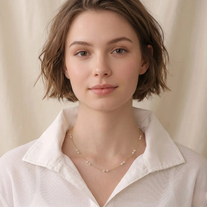 18K Solid Gold Pearl Station Necklace with Gold Beads 3-3.5mm Real Freshwater Pearl Choker