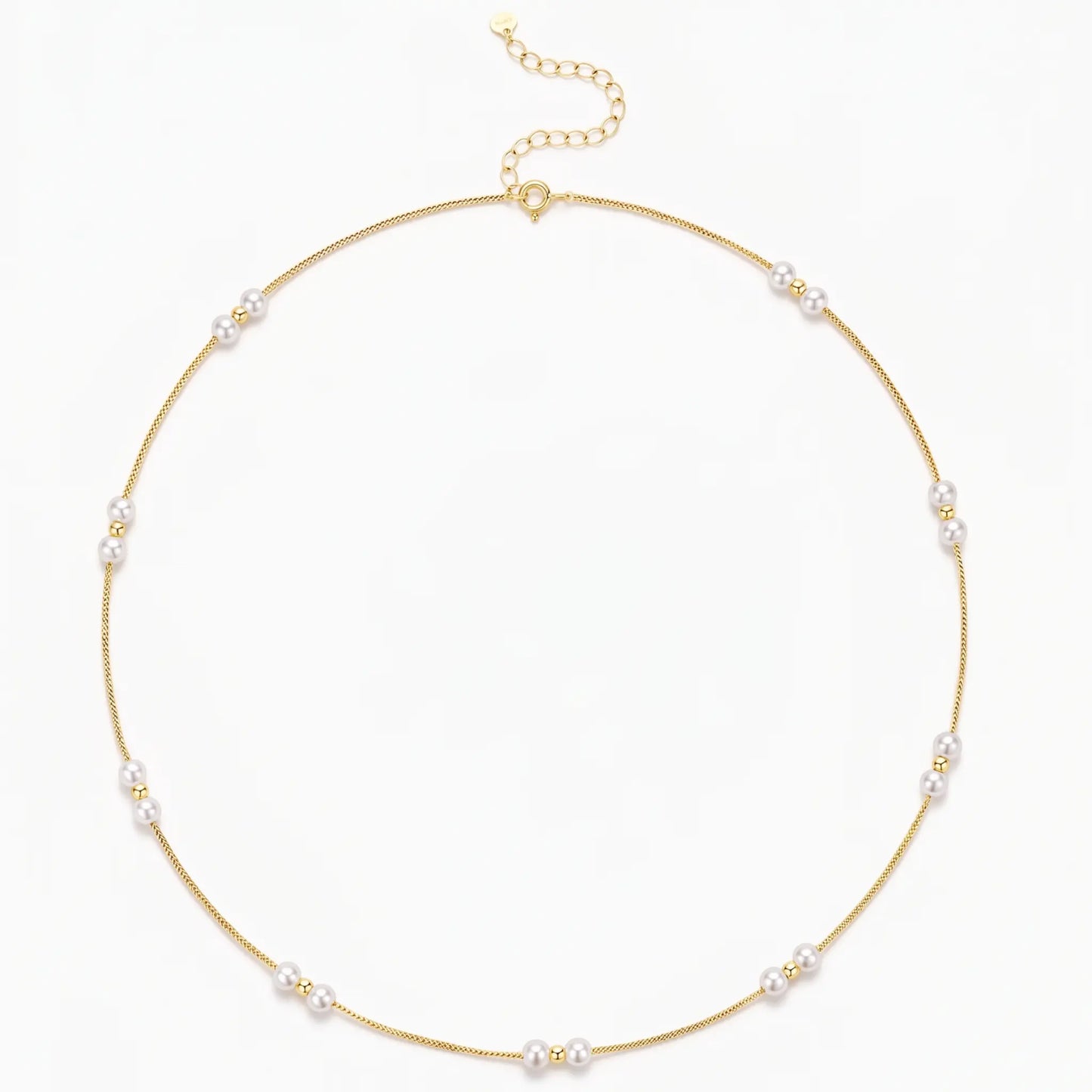 18K Solid Gold Pearl Station Necklace with Gold Beads 3-3.5mm Real Freshwater Pearl Choker