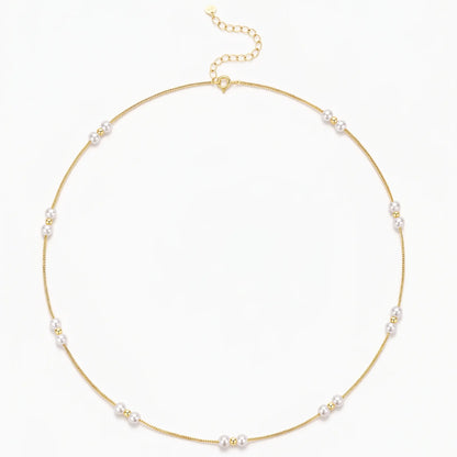 18K Solid Gold Pearl Station Necklace with Gold Beads 3-3.5mm Real Freshwater Pearl Choker
